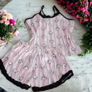 ست تاپ شلوارک ساتن طرح گربه